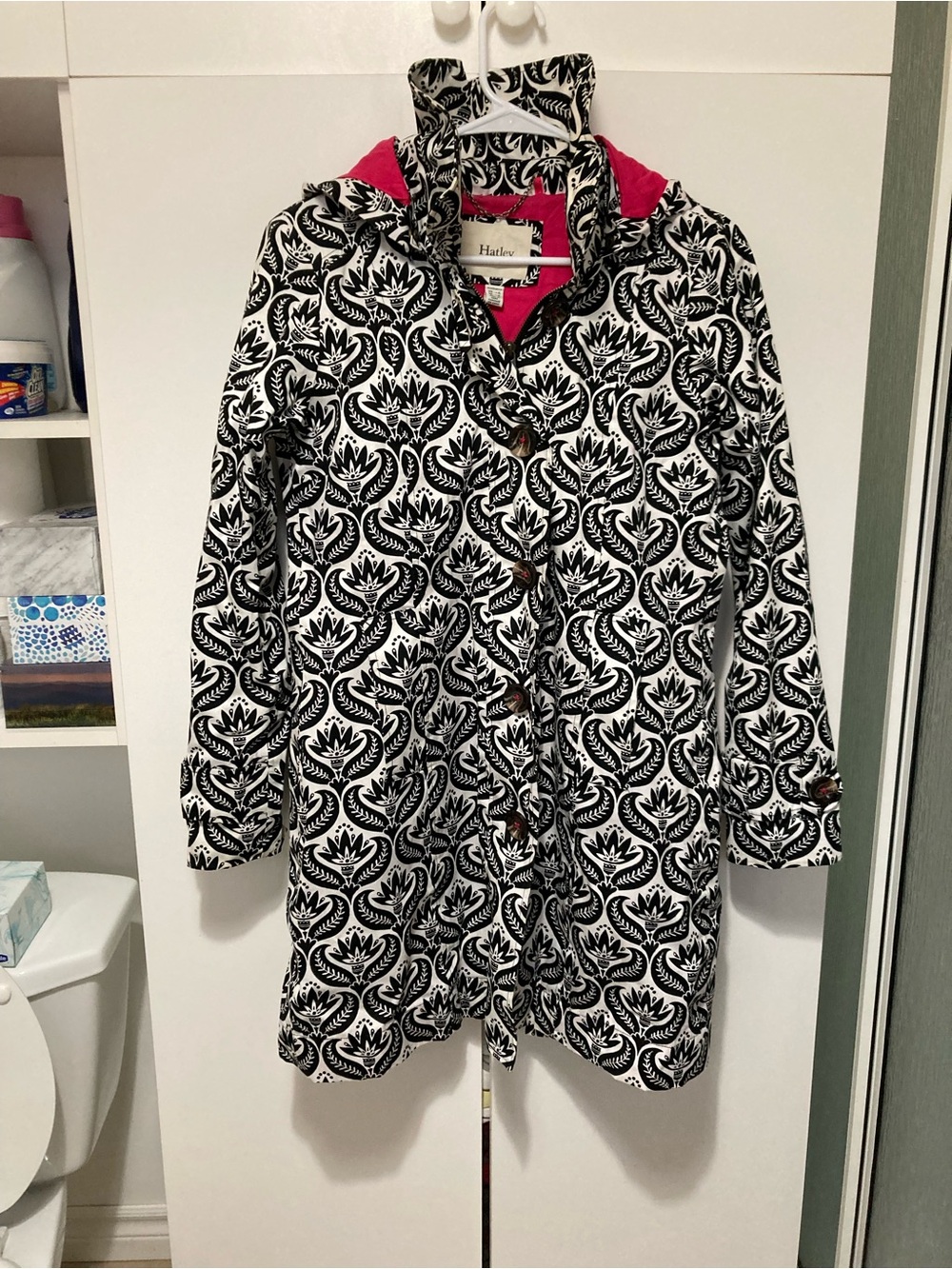 Hatley Black & White Patterned Trench Coat with Pink Lining